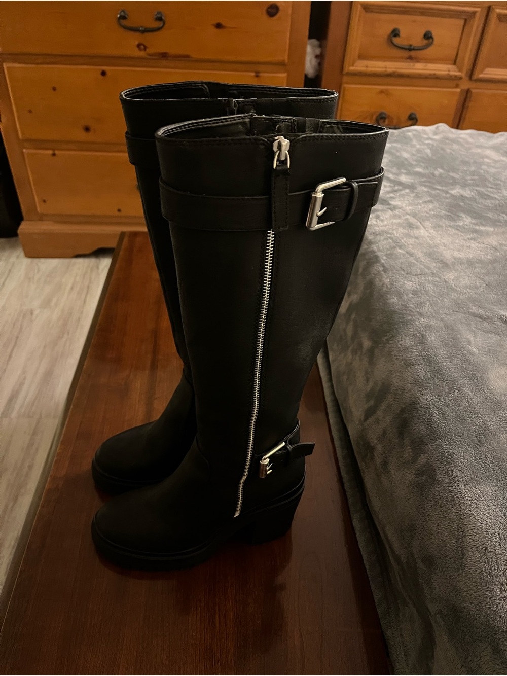 Mix No. 6 Black Knee-High Buckle Zip Block Heel Boots